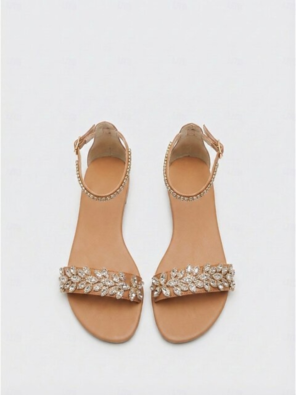 Embellished Tan Ankle-Strap Flat Sandals